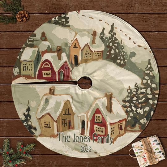Discover Custom Family Name Holiday Tree Skirt, Snow Covered Village Tree Skirt, Ski Lodge Snowy Tree Skirt, Rustic Alpine Christmas Decor, MYJ889