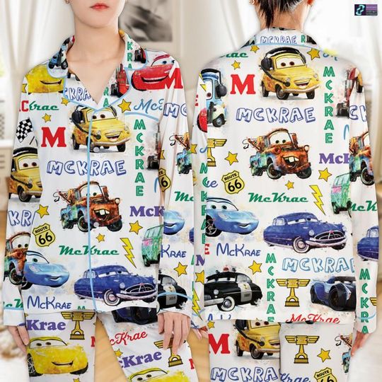 Personalized McQueen Christmas Pajamas Set, Disneyland Pixar Car Xmas Pjs Set, Tow Mater Doc Hudson Carrera Sally Mcqueen Pajamas