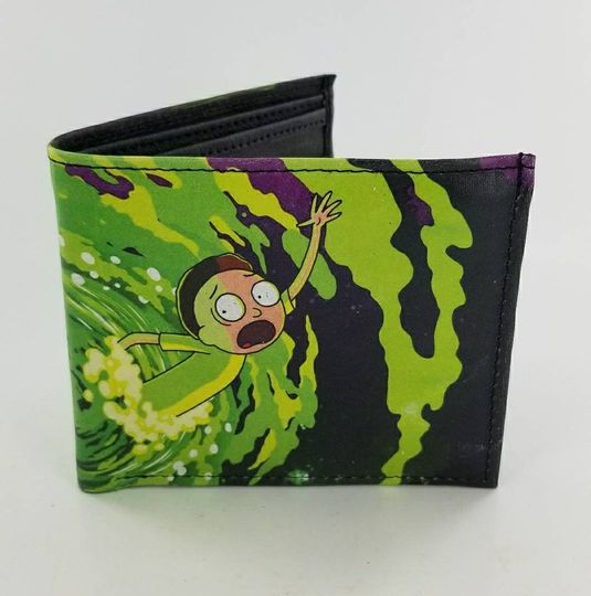 Cartoon-Inspired Bifold Leather Wallet with Green Worm Hole Design