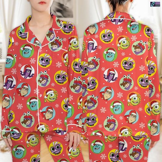 Monsters Inc Christmas Pajamas Set, Monsters Inc Mike Sully Christmas Pajamas Set, Disneyland Xmas Holiday Satin Pajamas, Magic Kingdom Xmas