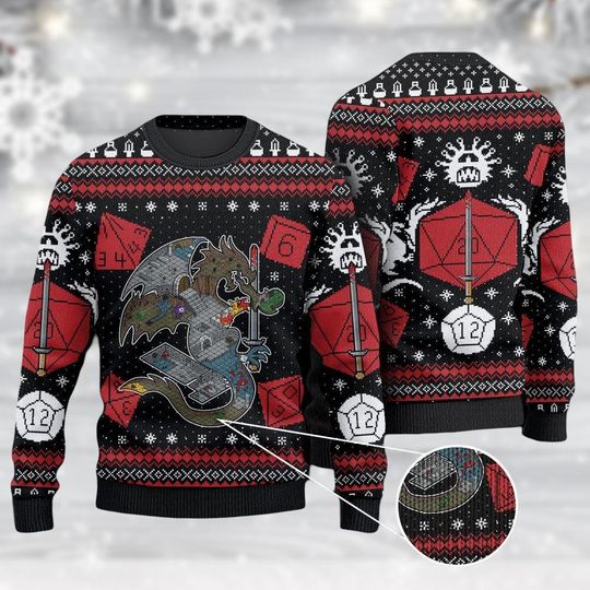 Discover Dungeons and Dragons Ugly Christmas Sweater, D&D Dice Sweater, D20 Vintage Sweater, Men's Holiday Dungeons & Dragons Sweatshirt