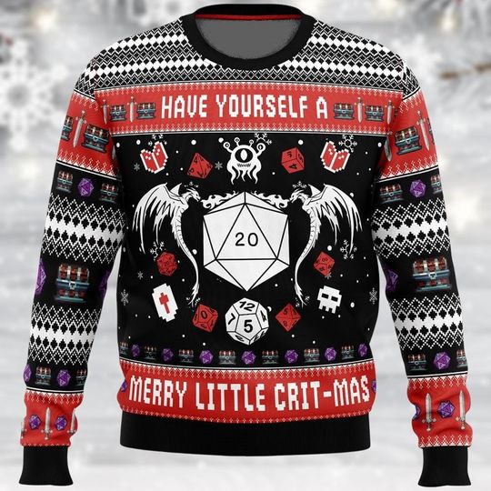 Discover Dungeons and Dragons Ugly Christmas Sweater, RPG Fantasy Gaming Sweater, Dice Pattern Holiday Sweater for Men