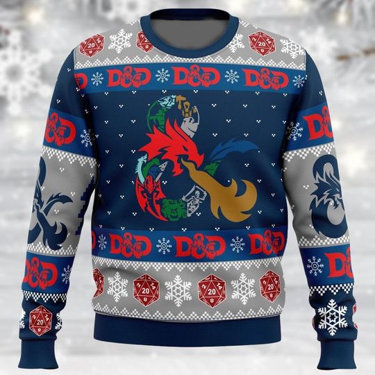 Dungeons and Dragons 3D Ugly Christmas Sweater, D&D Role-Playing Game Sweater, Fantasy D20 Dice Holiday Sweater