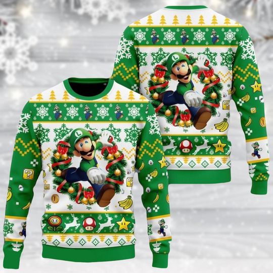 Super Mario Christmas Sweater, Luigi Sweater, Nintendo Vintage Ugly Sweatshirt for Men
