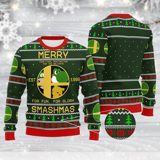 Super Smash Bros Ugly Christmas Sweater, Pika Sweater, Video Game Holiday Sweater for Men