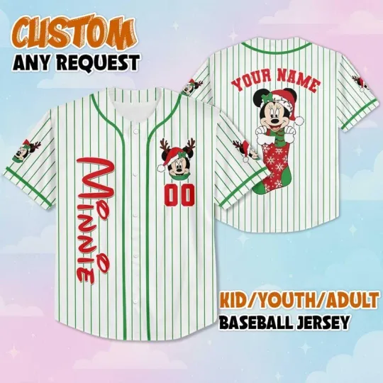 Discover Personalized Cute Minnie Mouse In Stocking Merry Christmas Baseball Jersey Shirt
