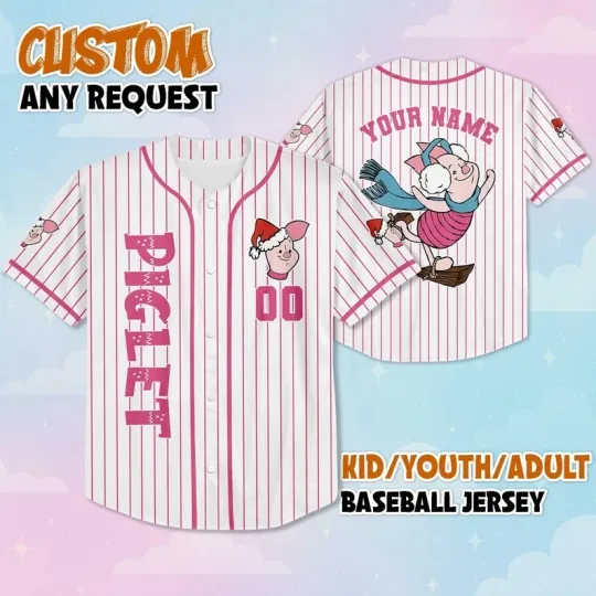 Personalized Cute Piglet Skiing Winnie The Pooh Christmas Baseball Jersey Shirt