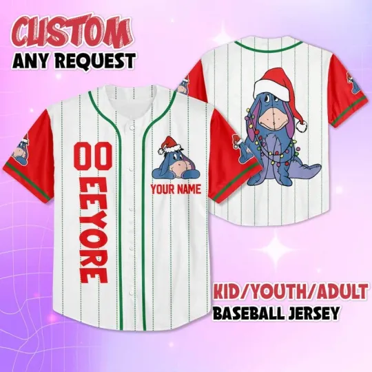 Discover Personalized Eeyore Santa Hat Christmas Lights Holiday Baseball Jersey Shirt