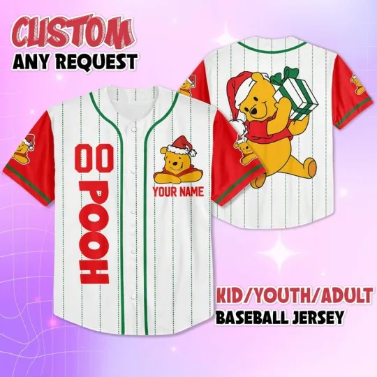 Discover Personalized Pooh Bear Santa Hat Merry Christmas Holiday Baseball Jersey Shirt