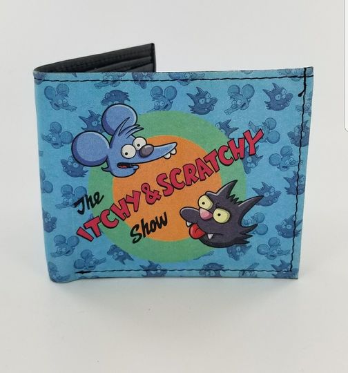 Discover Handcrafted Leather Itchy and Scratchy Simpsons Cartoon Inspired Bifold Wallet.Fully Laserprinted