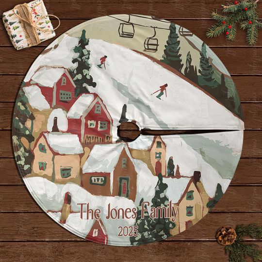 Discover Family Name Christmas Tree Skirt Custom, Winter Wonderland Ski Tree Skirt, Cozy Alpine Christmas Skirt, Snow Covered Village Skirt, MYJ888