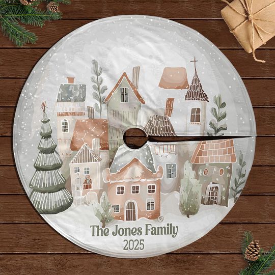 Retro Holiday Tree Skirt Personalized, Snowy Village Christmas Tree Skirt, Snow Covered Houses Tree Skirt, Elegant Winter Tree Skirt, MYJ878