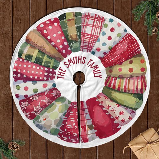 Discover Family Holiday Patchwork Tree Skirt Custom, Red Checkered Christmas Tree Skirt, Xmas Family Name Tree Skirt, Festive Holiday Decor, MYJ862