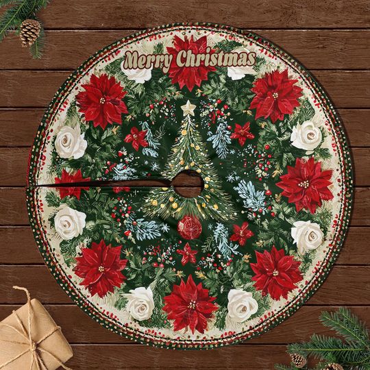 Discover Traditional Christmas Tree Skirt, Christmas Tree Skirt With Poinsettia, Unique Festive Floral Tree Skirt, Seasonal Floral Tree Accent,MYJ873