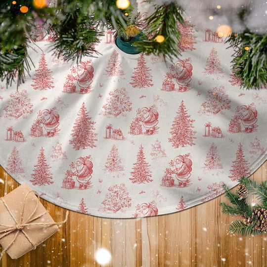 Discover Cozy Santa Toile Holiday Tree Skirt, Elegant Santa Toile Tree Skirt, Traditional Santa Claus Tree Skirt, Merry Christmas Santa Decor, MYJ874