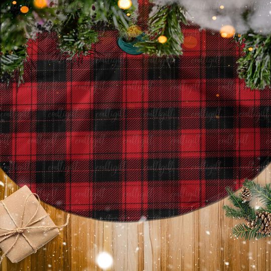Discover Cozy Rustic Christmas Plaid Tree Skirt, Red And Black Check Tree Skirt, Winter Cabin Plaid Tree Skirt, Festive Tree Skirt For Home, MYJ870