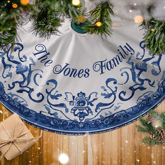 Discover Custom Family Name Christmas Skirt, Blue Porcelain Inspired Tree Skirt, Cozy Family Xmas Tree Skirt, Retro Chinoiserie Holiday Decor, MYJ867