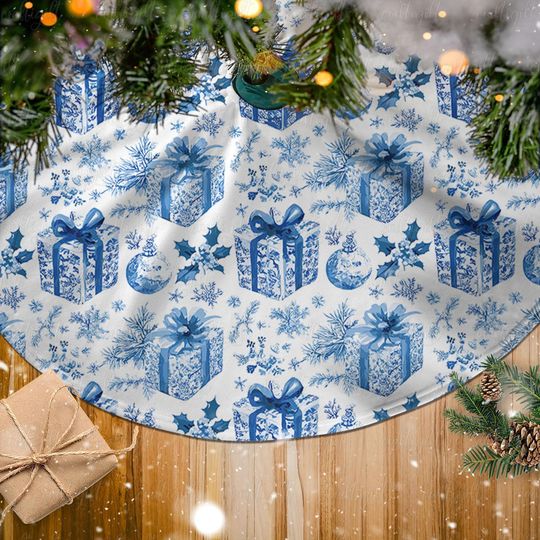 Blue Gift Box Holiday Tree Skirt, Snowflake And Gift Tree Skirt, Winter Wonderland Blue Tree Skirt, Christmas Tree Skirt Home Decor, MYJ875
