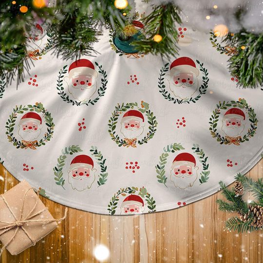 Discover Vintage Santa Christmas Tree Skirt, Xmas Wreath Santa Tree Skirt, Funny Santa Holiday Tree Skirt, Farmhouse Tree Skirt Home Decor, MYJ865