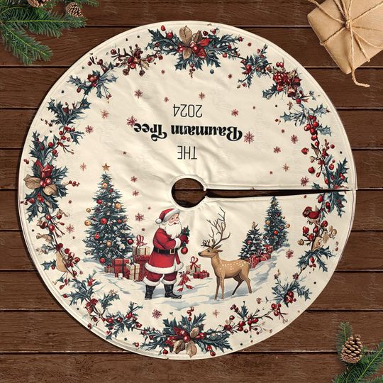 Retro Santa Claus Tree Skirt, Festive Santa And Deer Tree Skirt, Christmas Tree Skirt With Santa Scene, Winter Wonderland Tree Skirt, MYE452