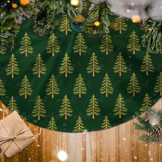 Discover Festive Tree Skirt With Christmas Trees, Forest Green Holiday Tree Skirt, Cheerful Xmas Tree Skirt, Cottagecore Winter Tree Skirt, MYJ860