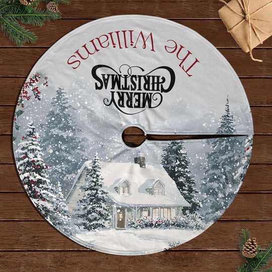 Custom Family Name Holiday Tree Skirt, Cozy Cottage Christmas Tree Skirt, Snow Covered House Tree Skirt, Winter Cabin Scene Decor, MYJ859