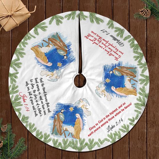 Nativity Scene Manger Tree Skirt, Nativity Angel Christian Tree Skirt, Christmas Tree Skirt With Scripture, Religious Xmas Tree Skirt,MYJ858
