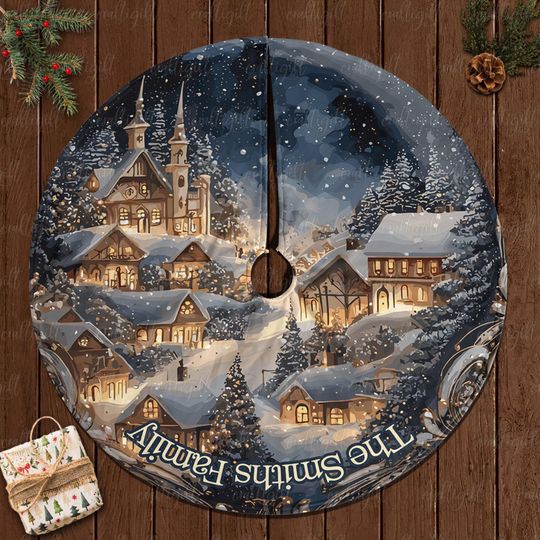 Discover Custom Snowy Village Tree Skirt, Cozy Winter Cabin Christmas Skirt, Magical Winter Wonderland Skirt, Cozy Village Holiday Tree Skirt, MYJ876