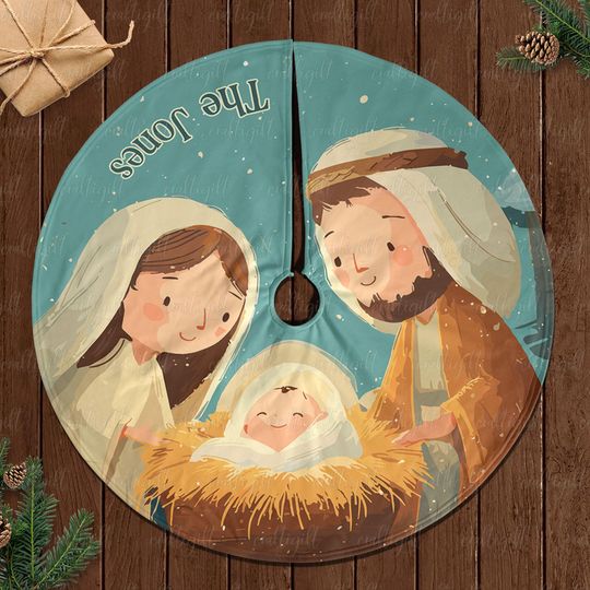 Holy Family Manger Christmas Skirt Custom, Nativity Scene Xmas Tree Skirt, Baby Jesus Birth Tree Skirt, Christian Faith Holiday Skirt,MYJ872