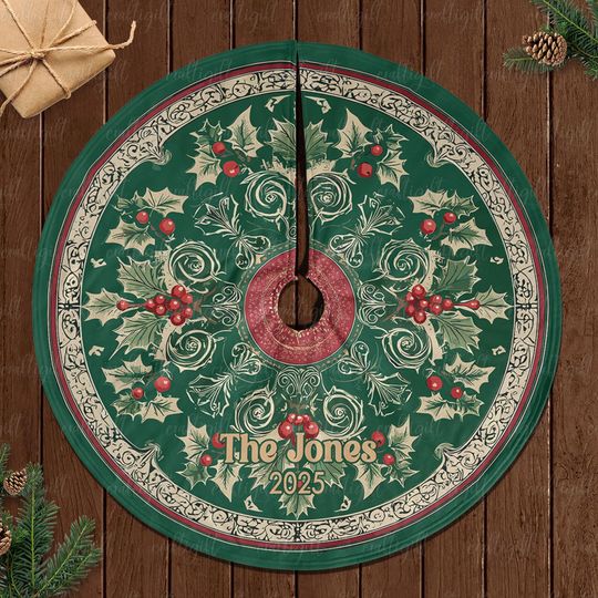 Discover Personalized Name Holiday Tree Skirt, Green Red Holly Berry Tree Skirt, Holly Berry Xmas Tree Skirt, Elegant Family Christmas Decor, MYJ868