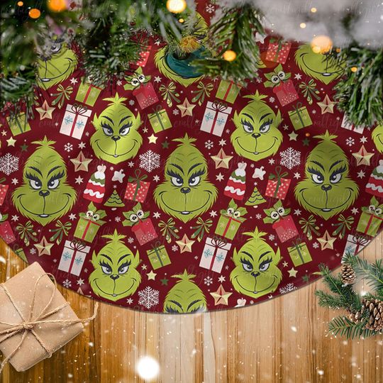 Discover Unique Mean Guy Christmas Tree Skirt, Cartoon Green Character Tree Skirt, Green Face Holiday Tree Skirt, Festive Skirt With Green Guy,MYJ864