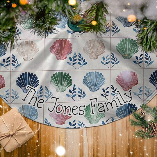 Discover Personalized Coastal Xmas Tree Skirt, Nautical Family Name Tree Skirt, Ocean Inspired Holiday Tree Skirt, Beach House Seashell Decor, MYC802