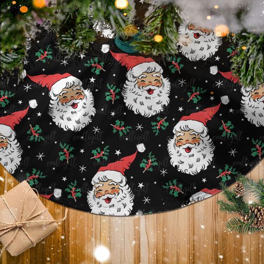Discover Vintage Santa Claus Christmas Tree Skirt, Holiday Party Santa Tree Skirt, Festive Holly And Santa Tree Skirt, Winter Wonderland Decor,MYD013