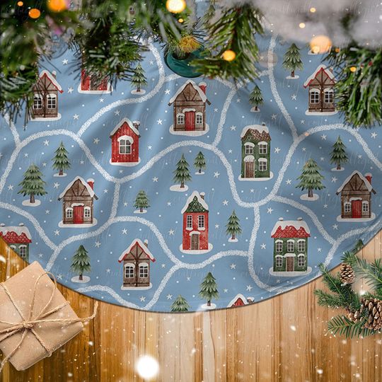 Snowy Cottages Christmas Tree Skirt, Holiday Village Festive Tree Skirt, Snowy Landscape Tree Skirt, Winter Wonderland Tree Skirt, MYD005