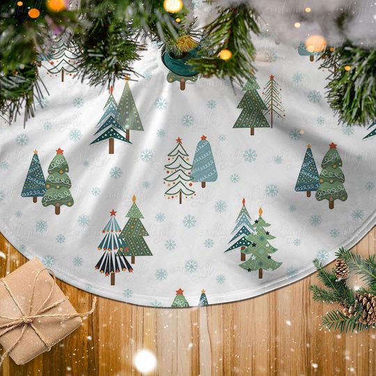 Cozy Winter Christmas Tree Skirt With Snowflakes, Tree Skirt With Festive Trees, Unique Holiday Tree Skirt, Cozy Winter Vibes Decor, MYD003