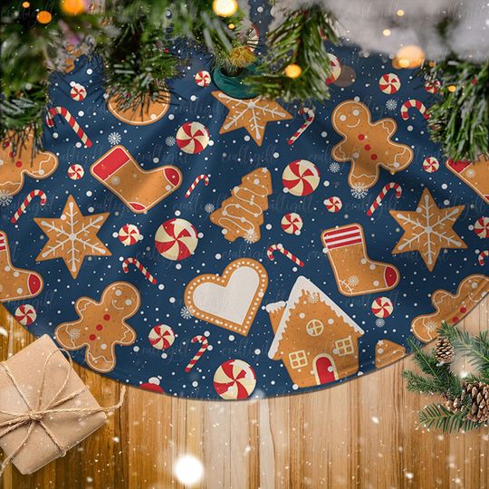 Discover Holiday Gingerbread Cookies Tree Skirt, Gingerbread Man Xmas Tree Skirt, Candy Cane Festive Tree Skirt, Winter Seasonal Home Decor, MYD010