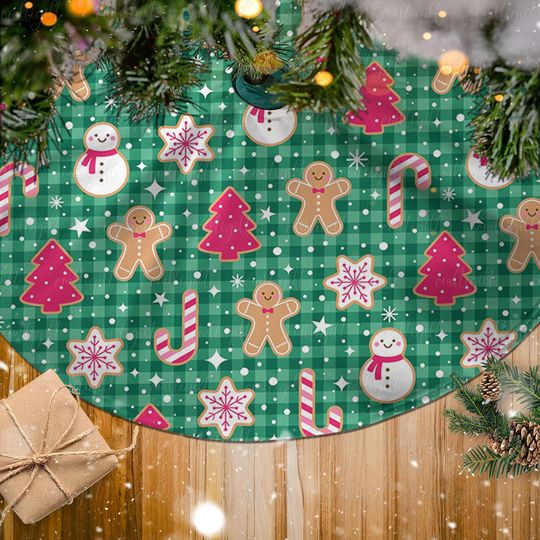 Discover Festive Gingerbread Man Holiday Tree Skirt, Cookie Candy Cane Winter Tree Skirt, Snowman Xmas Tree Skirt, Playful Festive Tree Skirt, MYD006