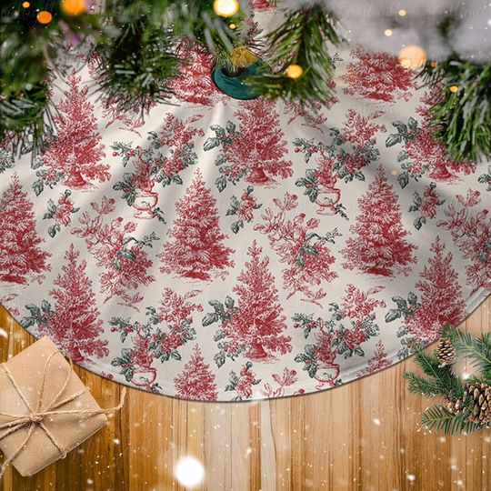 Discover Elegant Red Toile Christmas Tree Skirt, Rustic Toile Holiday Tree Skirt, Shabby Chic Christmas Skirt, Traditional Toile Festive Decor,MYJ916