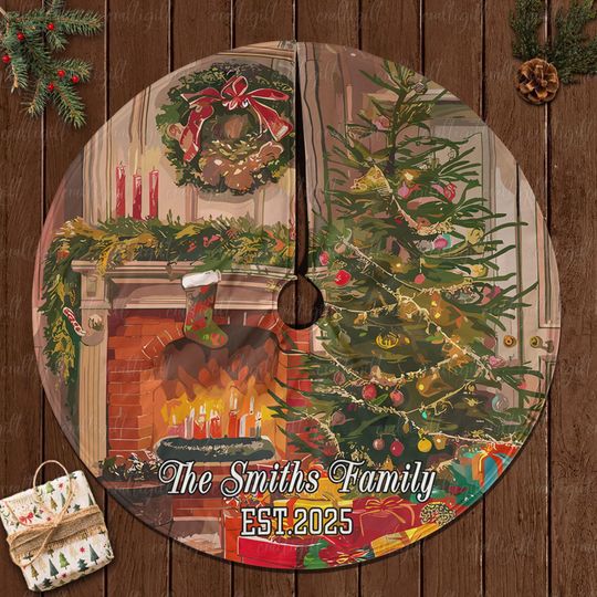 Discover Custom Family Name Fireplace Tree Skirt, Christmas Fireplace Tree Skirt, Warm Holiday Hearth Tree Skirt, Unique Xmas Decor For Home, MYJ932