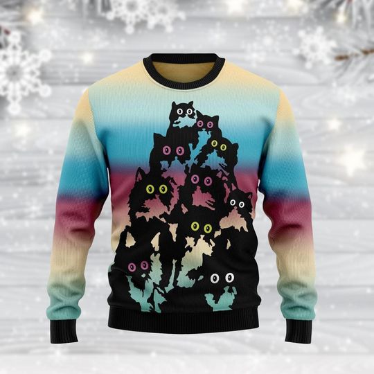 Discover Cat Christmas Sweater with Kitty Pattern, Holiday Ugly Sweatshirt for Women, Fun Holiday Gif