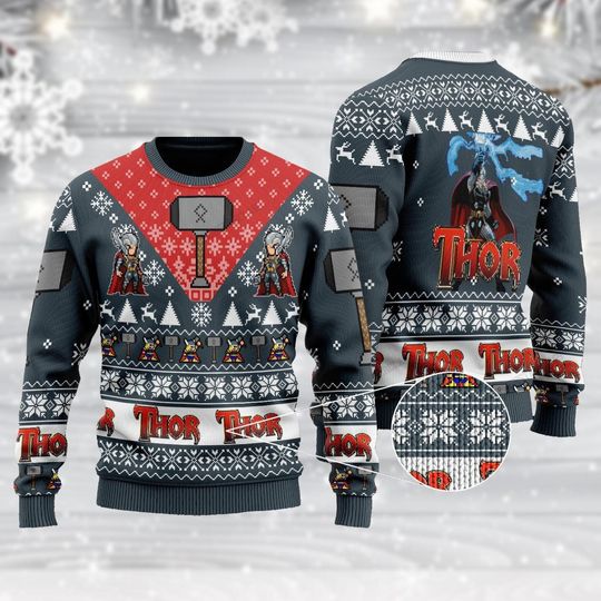 Thor 3D Ugly Christmas Sweater, Mjolnir Marvel Holiday Sweater for Men, Xmas Holiday Gift