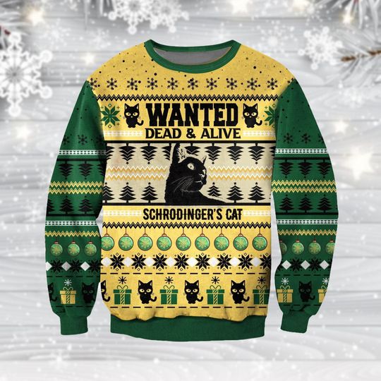 Discover Schrödinger's Cat Ugly Christmas Sweater, Funny Holiday Sweater, Halloween Comic Cat Sweater