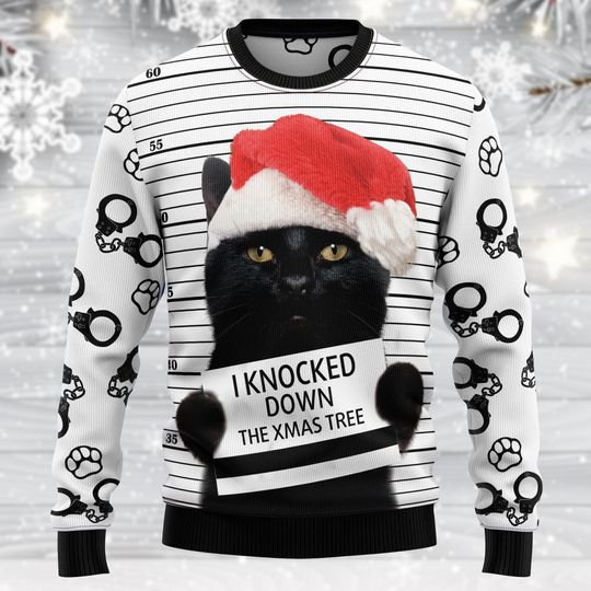 Cat Ugly Christmas Sweater, Holiday Santa and Mugshot Sweater, Xmas Black Cat Sweater