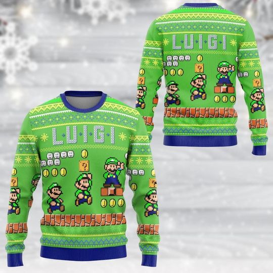 Luigi Ugly Christmas Sweater, Mario Bros Nintendo Holiday Sweatshirt Men