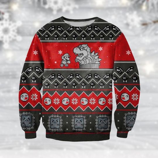 Mario Ugly Christmas Sweater, Bowser and Mario Vintage Sweaters, Nintendo Holiday Holiday Sweatshirts for Women