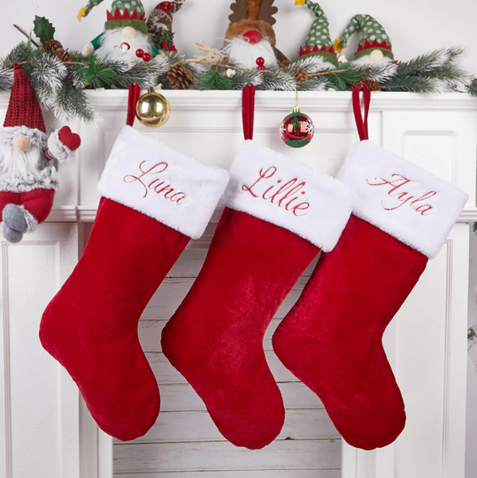 Personalized Velvet Embroidered Christmas Stocking, Monogram Stocking Decor, Stocking with Name, Christmas Gift Family Stockings