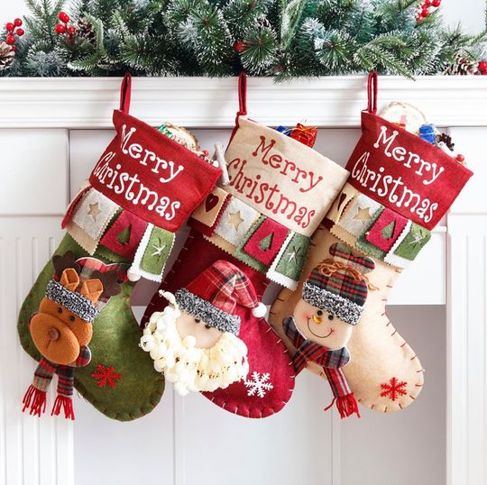 1pc Retro Christmas Stockings,18" Santa, Snowman, Reindeer Candy Gift Bag, for Xmas Home Decor Hanging Ornament Decorations