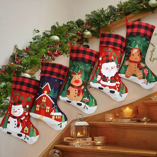 1 Pc Christmas Stockings, Christmas Stocking Deer Santa Snowman Plaid Xmas Stocking Holiday Christmas Decoration For Family Kids