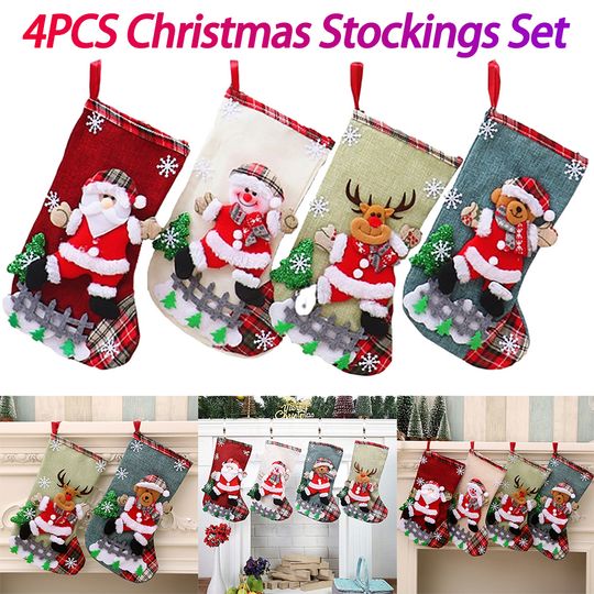 4PCS Christmas Stockings Set Large Capacity Christmas Ornament Sock Plush Santa Claus/Snowman/Bear/Elk for Home Classroom Party