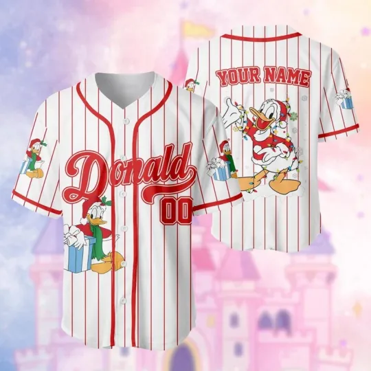 Discover Personalized Santa Donald Duck Christmas Lights Festive Baseball Jersey Shirt